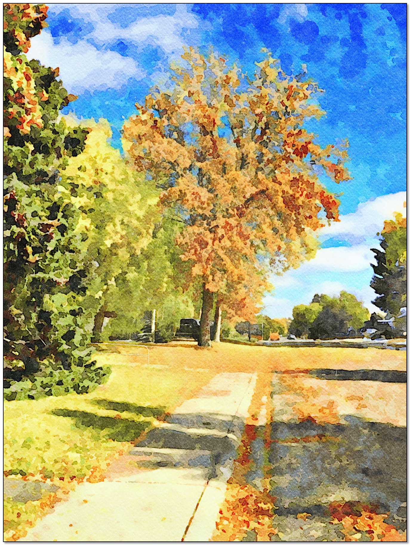 Watercolor or a Lethbridge street with autumn leaves.